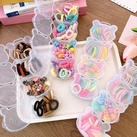 Cute Bear Shaped Storage Box Kids Hair Accessory Set With Elastic Hair Ties And Mini Claw Clips For Little Girls Sweet Styling