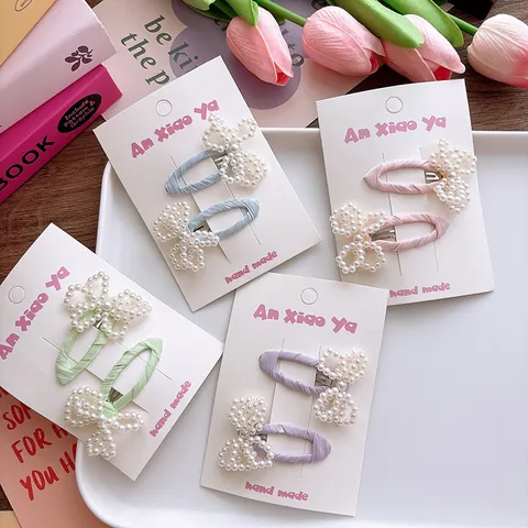 Sweet Korean Style Bow Imitation Artificial Pearl Hair Clips For Girls Fabric Wrapped BB Clips Handmade Beaded Hair Accessories