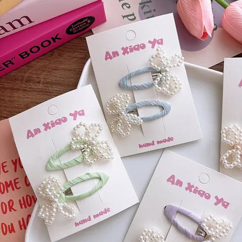 Sweet Korean Style Bow Imitation Artificial Pearl Hair Clips For Girls Fabric Wrapped BB Clips Handmade Beaded Hair Accessories