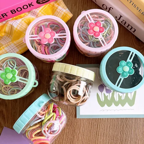 Candy Color High Elastic Hair Ties Set With Flower Decor Storage Bottle Seamless Mini Ponytail Holders Hair Accessories For Girls