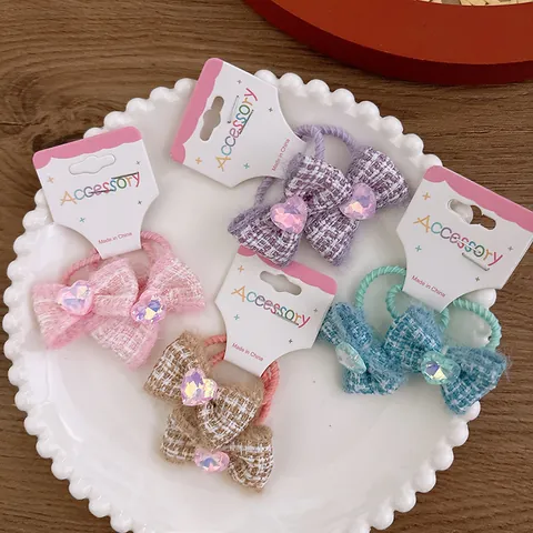 Sweet Tweed Bowknot Hair Ties With Heart Decor For Kids Baby Small Fragrance Style Princess Elastic Hair Bands Accessories