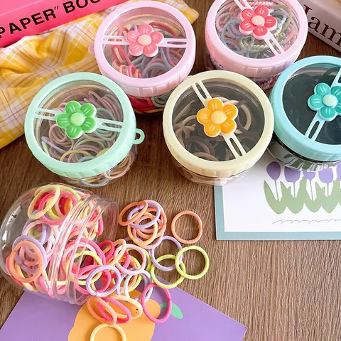 Candy Color High Elastic Hair Ties Set With Flower Decor Storage Bottle Seamless Mini Ponytail Holders Hair Accessories For Girls