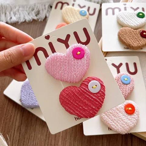 Süße Bonbonfarben Herz Stoff Haarklammern Für Mädchen Niedliche Knopf Dekor BB Clips Handgefertigter Kinder Haarschmuck