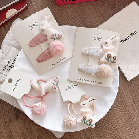 Accessoires Cheveux Lapin Brodés Doux Pour Petites Filles Pinces Et Élastiques Pompons Velours BB Clips Coiffure