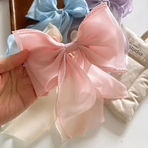 Fairy Large Organza Bow Hair Clip With Long Streamer For Women Girls Sweet Candy Color Top Clip Elegant Hair Accessories