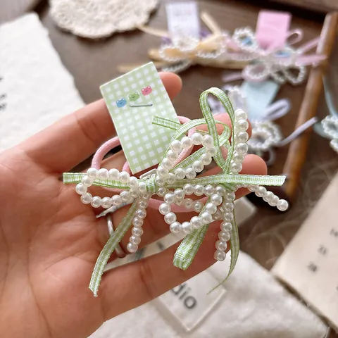 Coleteros con Lazo de Cuadros y Perlas Artificiales para Niñas Cuerdas para el Pelo de Alta Elasticidad Hechas a Mano Accesorios para el Cabello