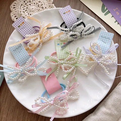 Zoete Geblokte Strik Kunstparels Haarelastiekjes Voor Kinderen Meisjes Handgemaakte Hoog Elastische Haarkabels Strikjes Scrunchies Haaraccessoires