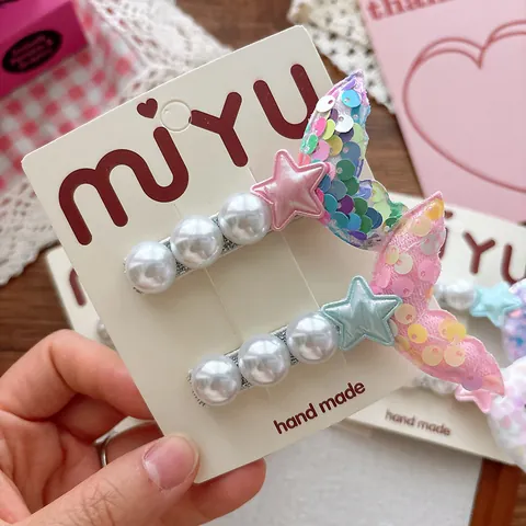 Sweet Mermaid Tail Hair Clips For Girls Handmade Artificial Pearl Sequin Star Decor Hairpins For Children Daily Hair Accessories