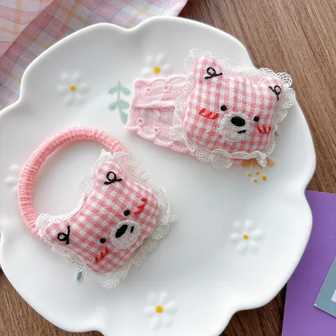 Cute Cartoon Embroidered Plaid Bear Hair Clip For Girls Sweet Lace Gingham BB Clip Handmade Hair Accessories Pink White