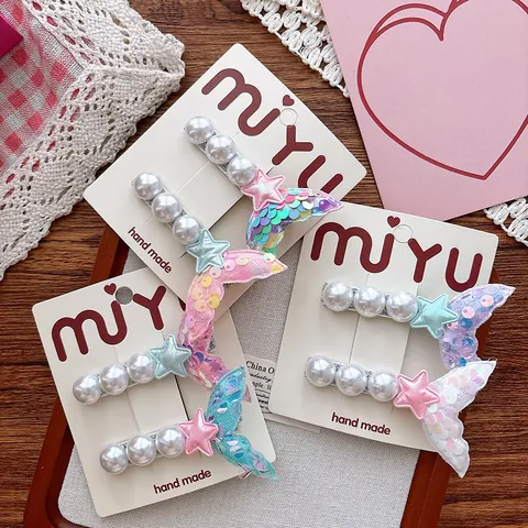 Sweet Mermaid Tail Hair Clips For Girls Handmade Artificial Pearl Sequin Star Decor Hairpins For Children Daily Hair Accessories