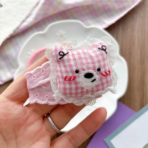 Cute Cartoon Embroidered Plaid Bear Hair Clip For Girls Sweet Lace Gingham BB Clip Handmade Hair Accessories Pink White