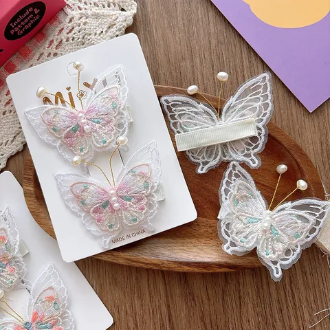 Handmade 3D Embroidered Butterfly Hair Clips With Lace Pearls Sweet Duckbill Clip Hair Accessories For Girls Children Hanfu Hairpin