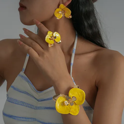 Iron Enamel Flower Double Layer Open Bangle Individual Vacation Style Bracelet Floral Stud Earrings Ring Jewelry For Women