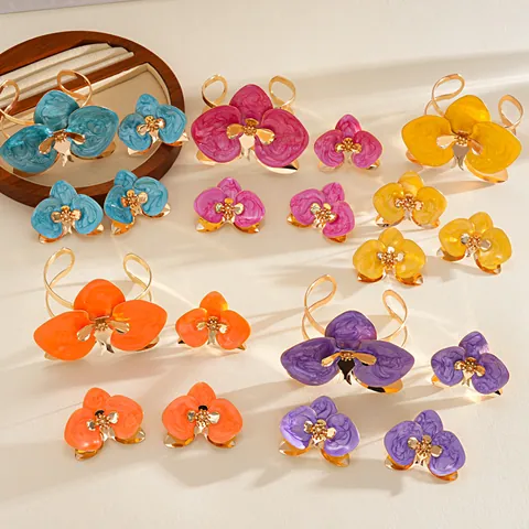 Iron Enamel Flower Double Layer Open Bangle Individual Vacation Style Bracelet Floral Stud Earrings Ring Jewelry For Women