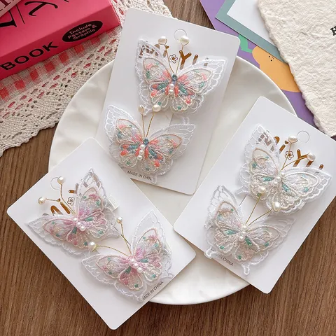 Handmade 3D Embroidered Butterfly Hair Clips With Lace Pearls Sweet Duckbill Clip Hair Accessories For Girls Children Hanfu Hairpin