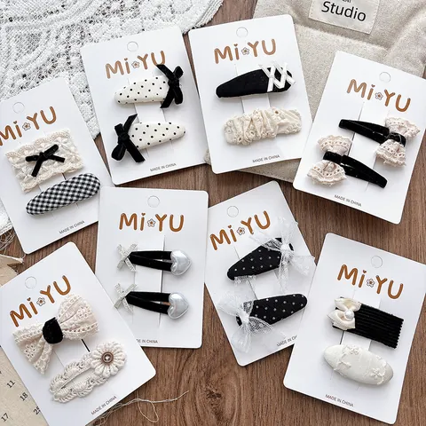 Korean Style Sweet Black White Lace Fabric Bowknot Hair Clip Balletcore Girls Side Fringe BB Clip Hair Accessories