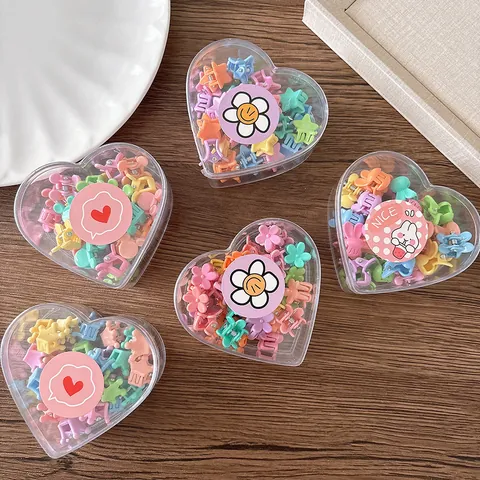 Meerkleurige Mini Haarklemmen Kinderen Assorti Cartoon Bloem Ster Kroon Haarclips Set In Hartvormige Doos Voor Meisjes