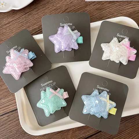 Sweet Sequin Star Hair Clips For Kids Girls Double Layer Glitter Star Hairpins With Bow Colorful Alloy Duckbill Clips