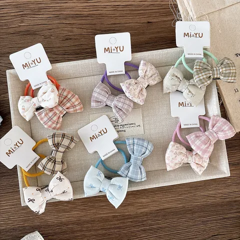 Elastici per Capelli Bambini con Fiocco in Tessuto Dolce Coreano Fantasia Floreale e a Quadretti per Ragazze