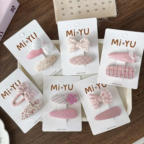 Sweet Pink Fabric Bow Hair Clips Set For Girls Kids Floral Plaid Stripe Pattern BB Clips Snap Alligator Hair Accessories