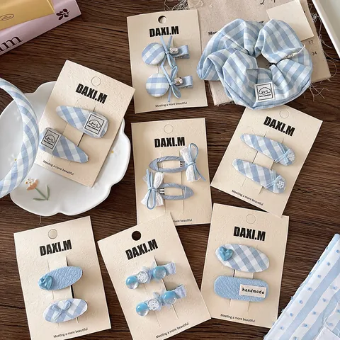 Accessori per Capelli a Quadretti Blu Gingham Donna Fiocco Cuore Motivo Tessuto BB Clip Clip a Becco d'Anatra Elastico Cerchietto Dolce