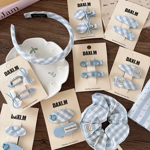 Accessori per Capelli a Quadretti Blu Gingham Donna Fiocco Cuore Motivo Tessuto BB Clip Clip a Becco d'Anatra Elastico Cerchietto Dolce