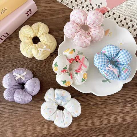 Sweet 3D Stuffed Flower Scrunchies For Girls Kids Bow Knot Fabric Hair Ties Polka Dot Floral Pattern Hair Accessories