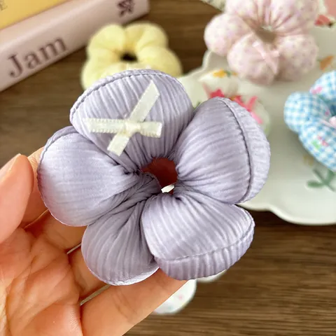 Sweet 3D Stuffed Flower Scrunchies For Girls Kids Bow Knot Fabric Hair Ties Polka Dot Floral Pattern Hair Accessories