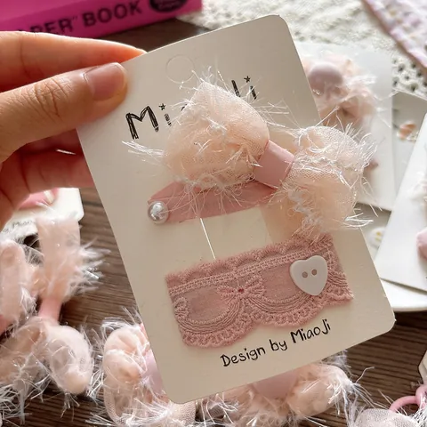 Sweet Pink Mesh Bow Flower Hair Clips And Elastic Hair Ties Set For Girls Women Charming Fabric Floral Hair Accessories