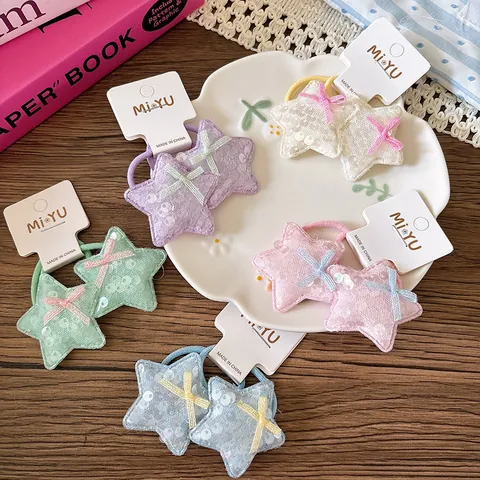Élastiques à Cheveux Étoile à Paillettes Doux pour Enfants Nœud en Tissu Scintillant Bandeaux Élastiques pour Filles Accessoires de Cheveux Paire