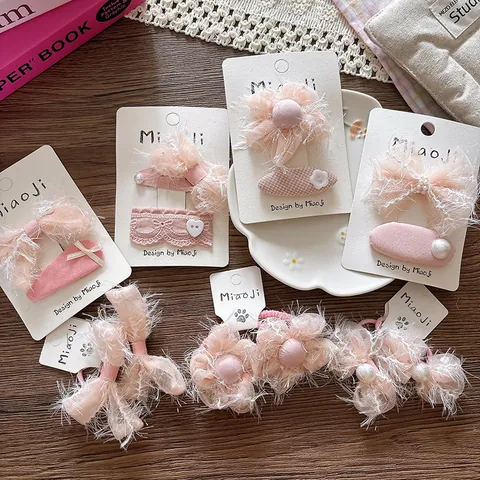 Sweet Pink Mesh Bow Flower Hair Clips And Elastic Hair Ties Set For Girls Women Charming Fabric Floral Hair Accessories