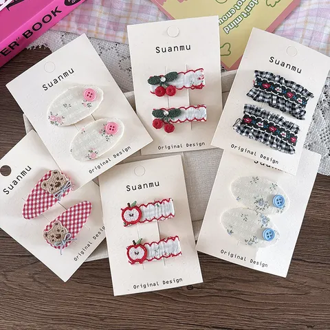 Süße Kinder Stoff Stickerei Haarklammern Blumen Gingham Bär Apfel Muster Snap Clips Mädchen Haarschmuck
