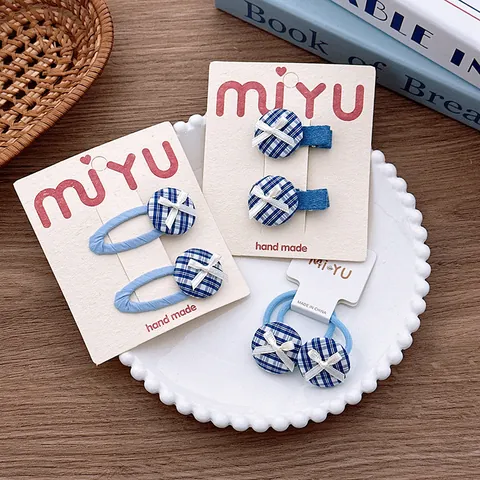 Zoete Blauw Geruit Strik Kinderen Haarklemmen Haarelastiekjes Stof Omwikkeld BB Clips Eendenbek Clips Haaraccessoires Voor Meisjes