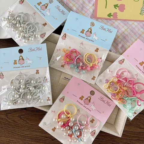 Kids Cute Sweet Candy Color Elastic Hair Ties Set With Faux Artificial Pearl Bow Rabbit Star Beads Decorative Hair Ropes For Girls