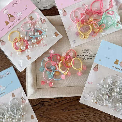 Kids Cute Sweet Candy Color Elastic Hair Ties Set With Faux Artificial Pearl Bow Rabbit Star Beads Decorative Hair Ropes For Girls