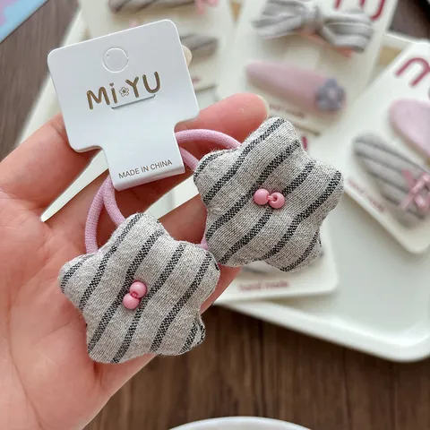 Sweet Fabric Bow Hair Clips For Girls Pink Gray Stripe Rabbit Star Hairpins Handmade Kids Hair Accessories Snap Clips