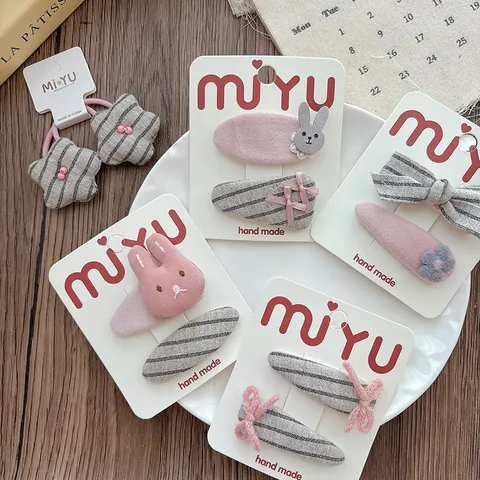 Sweet Fabric Bow Hair Clips For Girls Pink Gray Stripe Rabbit Star Hairpins Handmade Kids Hair Accessories Snap Clips