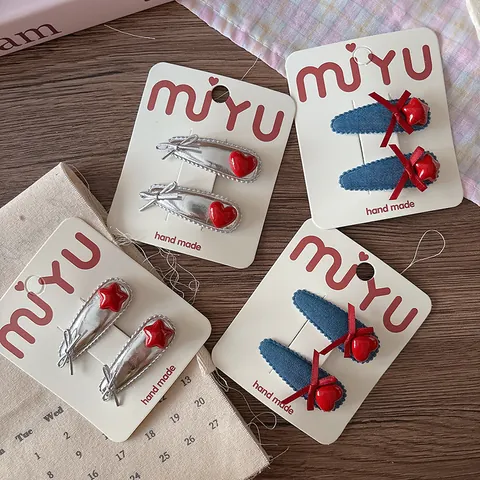 Süße Rote Stern Herz Denim Stoff BB Haarspangen Für Kleine Mädchen Handgefertigte Silber Legierung Haarnadeln Kinder Haarschmuck