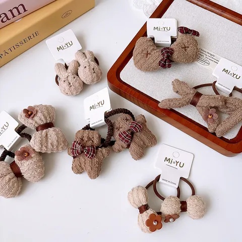 Kids Cute Plush Knit Bow Hair Ties Brown Series Rabbit Bear Elastic Hair Bands For Girls Sweet Hair Accessories