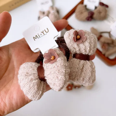 Kids Cute Plush Knit Bow Hair Ties Brown Series Rabbit Bear Elastic Hair Bands For Girls Sweet Hair Accessories