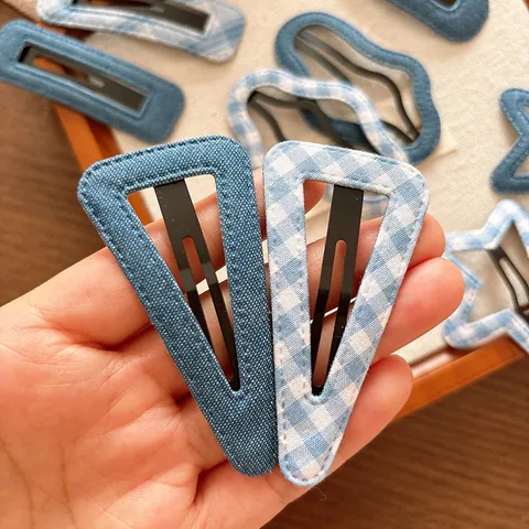 Blaue Stoff Umwickelte BB Haarklammern Für Mädchen Damen Süße Denim Karierte Stern Wassertropfen Quadratische Haarnadeln