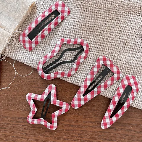 Sweet Red Gingham Cloth Wrapped BB Hair Clip Red White Checkered Metal Hairpin For Women Girls Daily Hair Accessory Style