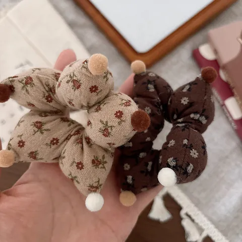 Zoete Koreaanse Stijl Bloemen Ster Stof Haarelastiekjes Met Pompons Voor Meisjes Kinderen Vintage Pastorale Stof Haarelastiekjes Accessoires