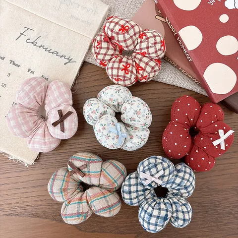 Sweet Fabric Flower Scrunchies With Bowknot Plaid Polka Dot Floral Print Hair Ties For Girls Kids Hair Accessories