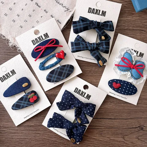 Fermagli per Capelli in Stile Preppy Blu Marino a Quadri per Donna Ragazza Fiocco in Tessuto Pois Ricamo Ciliegia Clip BB Accessori per Capelli Fatti a Mano
