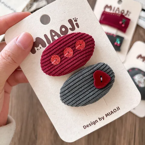 Barrettes À Cheveux En Tissu Velours Côtelé Doux Pour Enfants Épingles À Cheveux Brodées Cœur Cerise Mignon Vintage Style Mori Rouge Gris Élastiques Pour Filles
