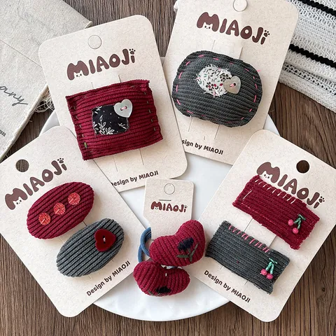 Barrettes À Cheveux En Tissu Velours Côtelé Doux Pour Enfants Épingles À Cheveux Brodées Cœur Cerise Mignon Vintage Style Mori Rouge Gris Élastiques Pour Filles