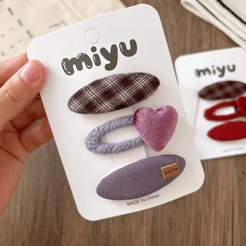 Barrettes BB en Métal Enveloppées de Tissu à Carreaux et Velours Cœur pour Femmes Filles Accessoires de Cheveux Vintage Style Coréen