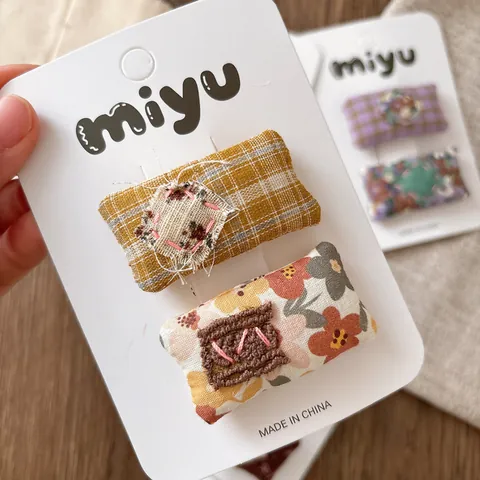 Barrettes Clic-Clac en Tissu Vintage à Carreaux et Fleuri pour Enfants Broderie Faite à la Main pour Filles