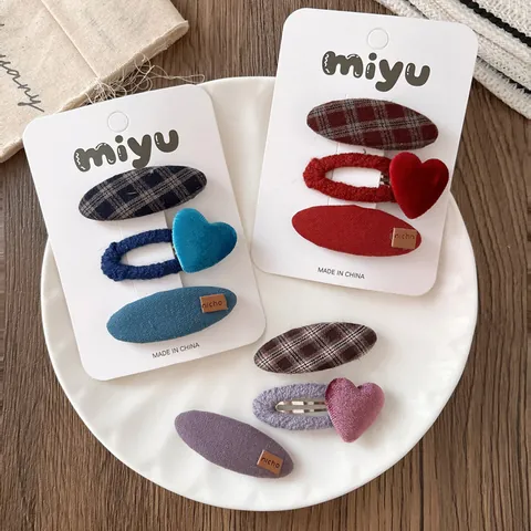 Barrettes BB en Métal Enveloppées de Tissu à Carreaux et Velours Cœur pour Femmes Filles Accessoires de Cheveux Vintage Style Coréen